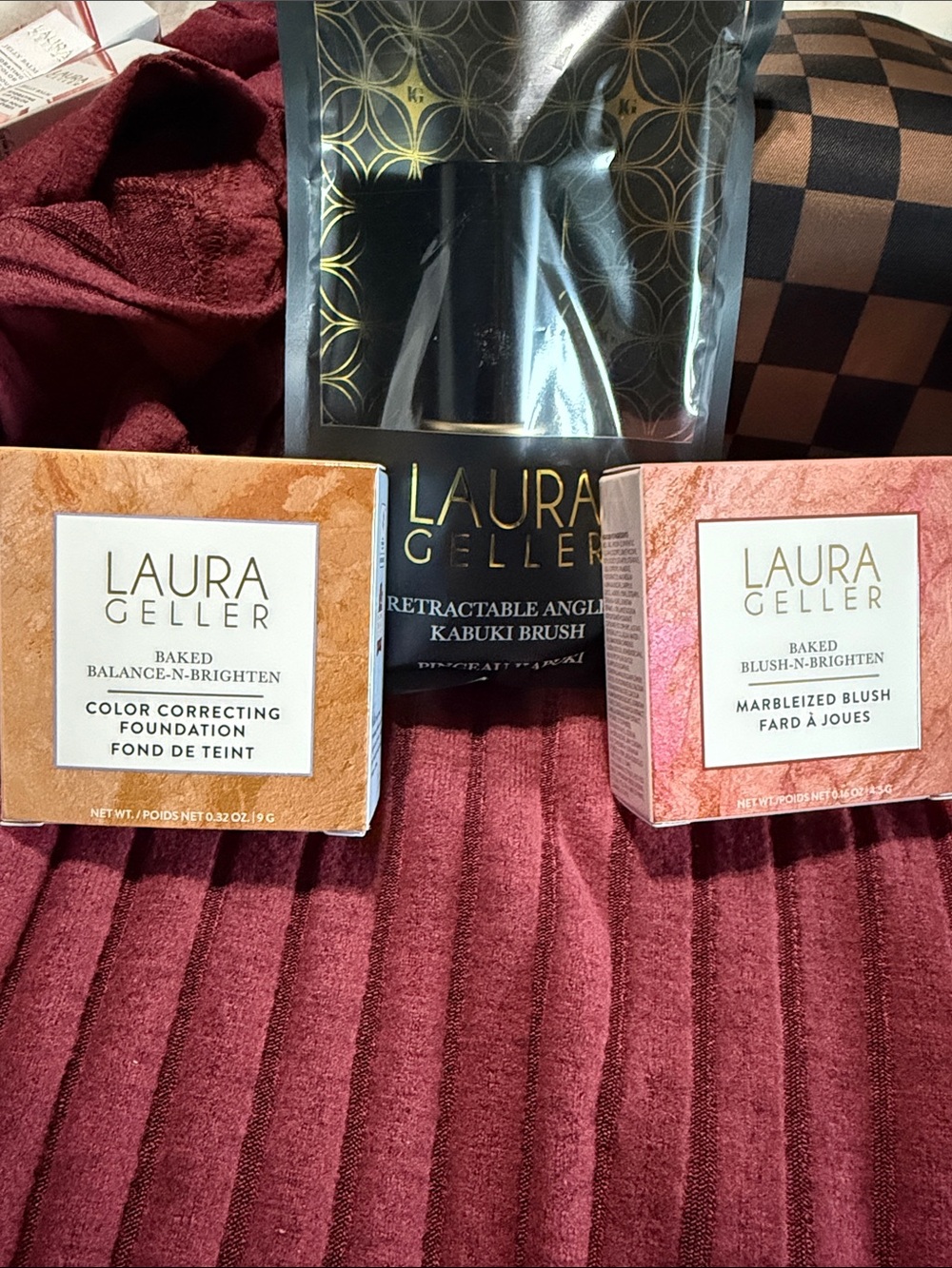 Laura Geller Color Correcting Foundation, Marbleized Blush and Angled Kabuki